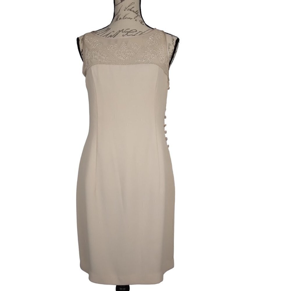 Donna Morgan | Beaded Embroidered Sheer Crepe Sheath Dress Beige  |  Size 10